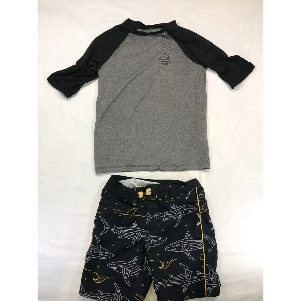 Art Class Kids Rash Guard and Shark Board Shorts Set Grey Black Size S 6/7